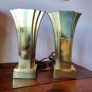 Stiffel Art Deco Revival Brass Desk Table Fan Lamps Uplight, 1970s Pair, Rare